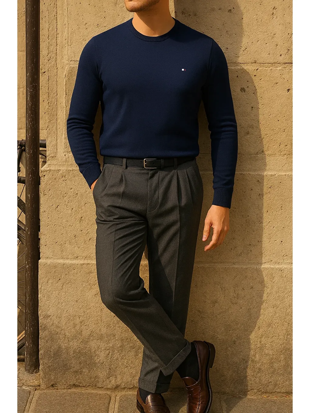 Erkek Bisiklet Yaka Slim Fit Lacivert Kazak-3