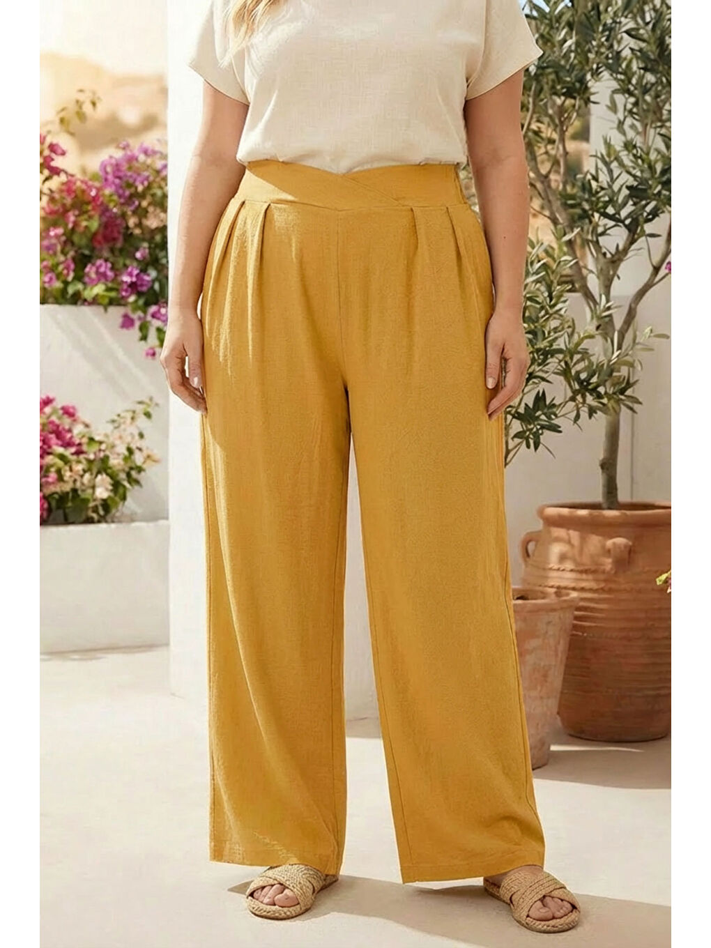 Kahverengi Büyük Beden Pileli Cepli Geniş Paça Esnek Kumaşlı Pantolon 875-V-1