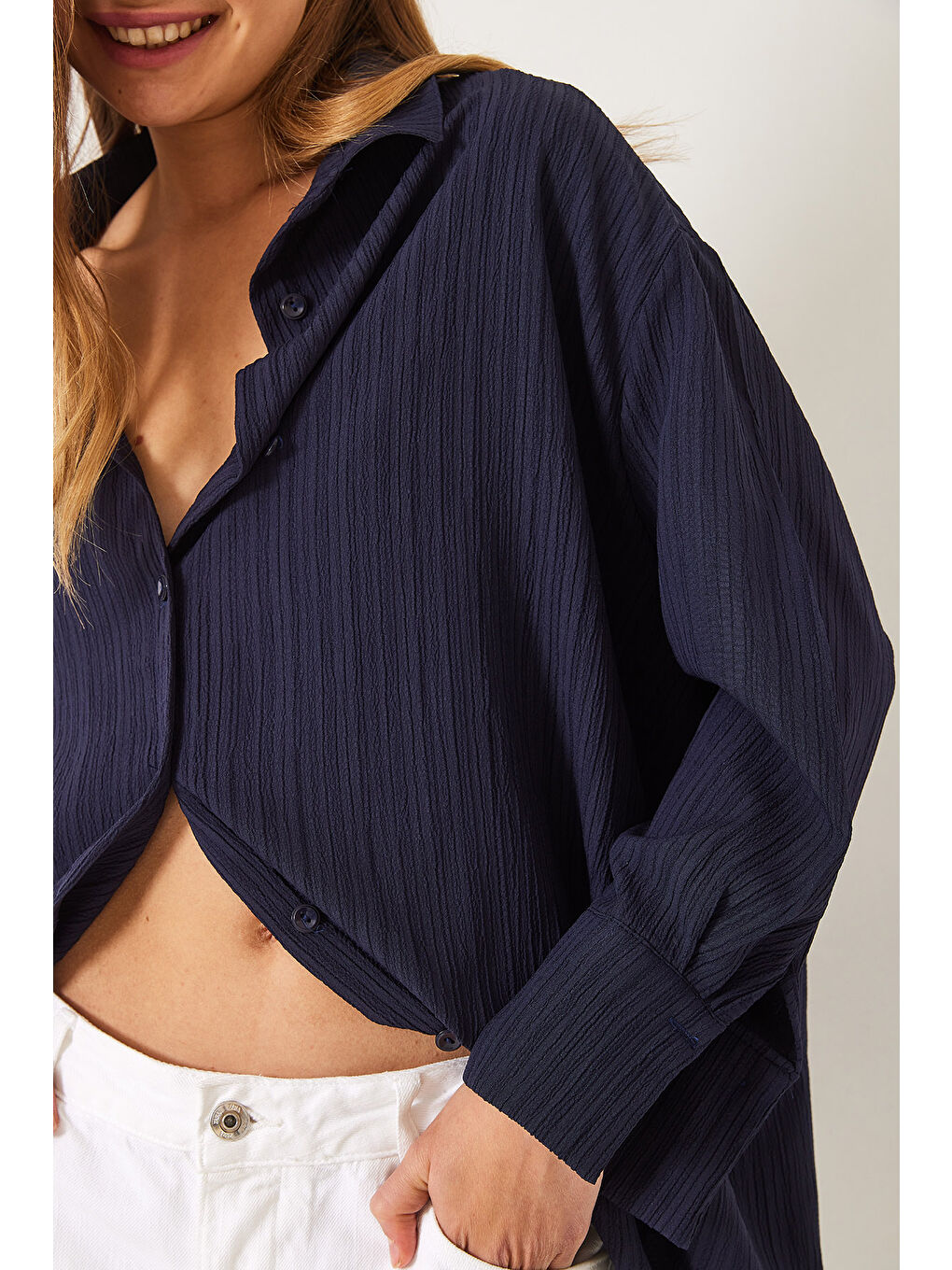 Lacivert Kadın Düşük Omuz Oversize Basic Bürümcük Gömlek-4