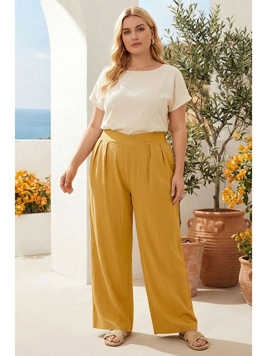 Kahverengi Büyük Beden Pileli Cepli Geniş Paça Esnek Kumaşlı Pantolon 875-V-2