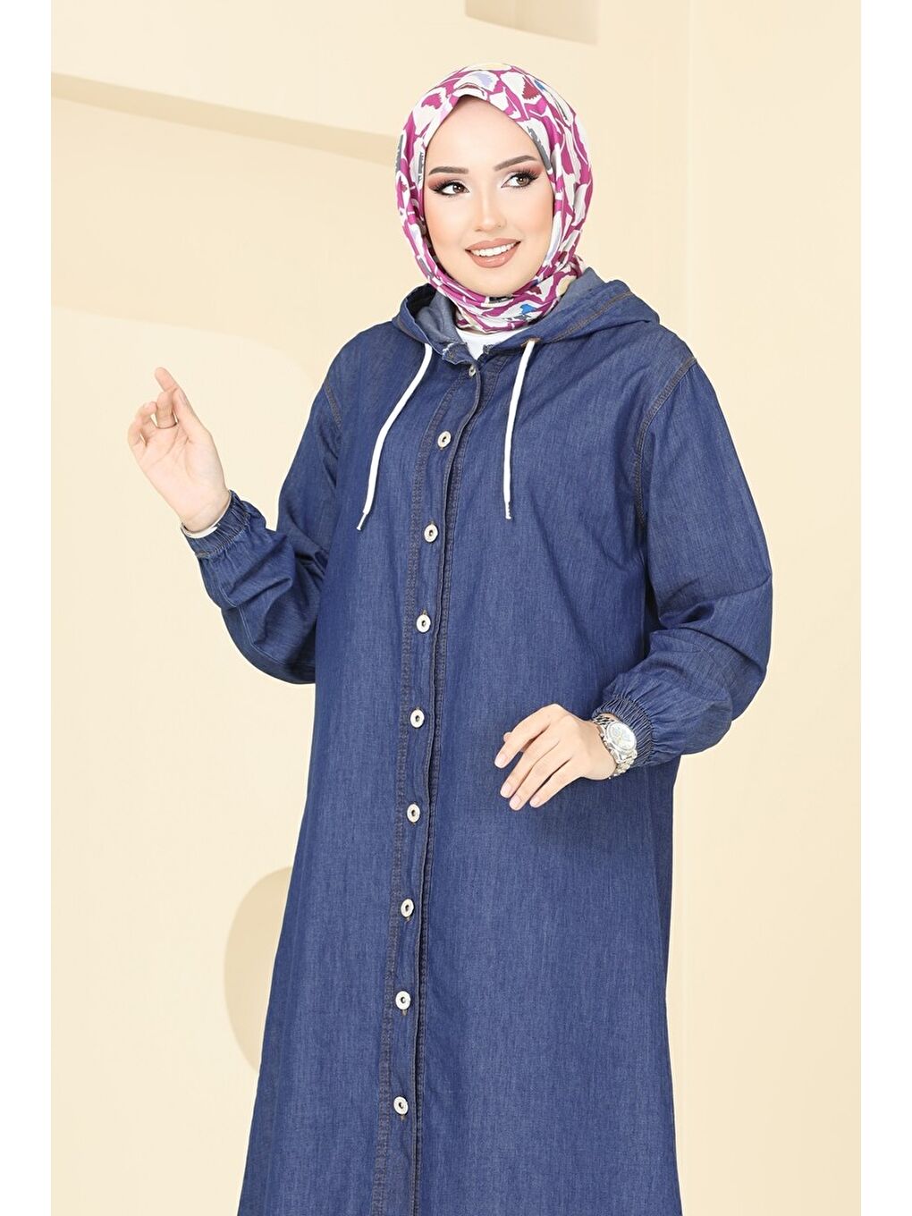 Kapüşonlu Düğmeli Denim Kap Mavi   26644-3