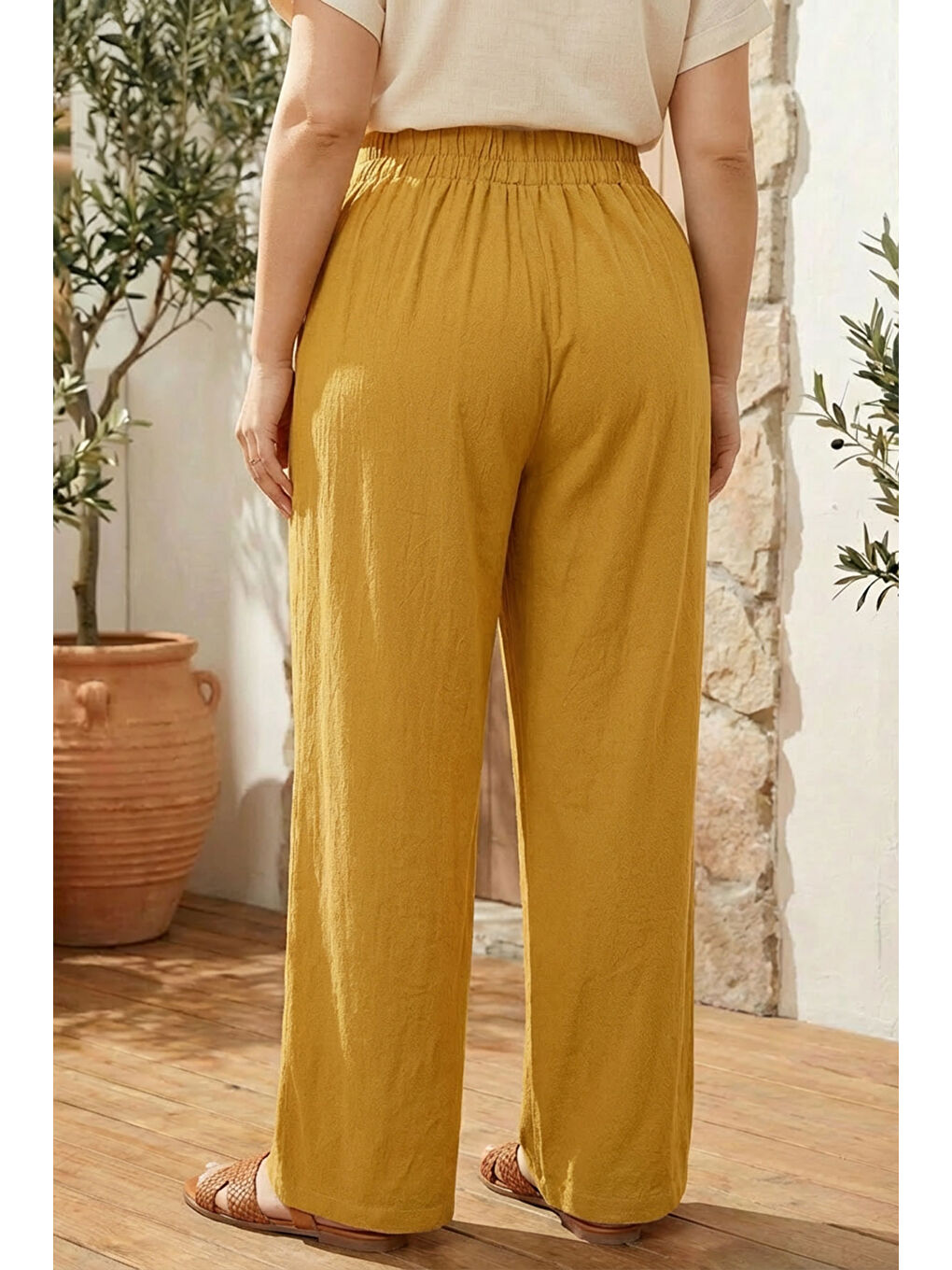 Kahverengi Büyük Beden Pileli Cepli Geniş Paça Esnek Kumaşlı Pantolon 875-V-3