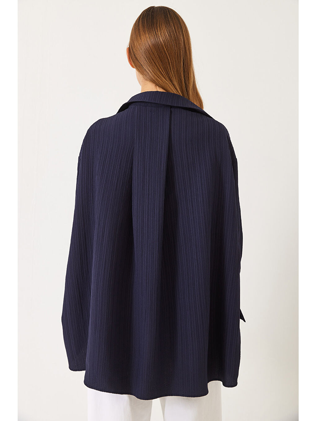 Lacivert Kadın Düşük Omuz Oversize Basic Bürümcük Gömlek-7