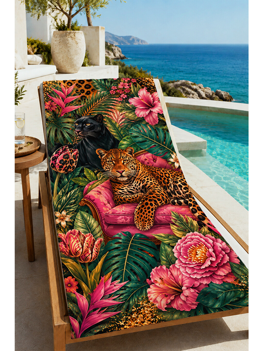 Yeşil Maximalist Leopar Tropikal Desenli 70x150 Plaj Havlusu - Dijital Baskılı Solmaz Banyo Havlusu-4