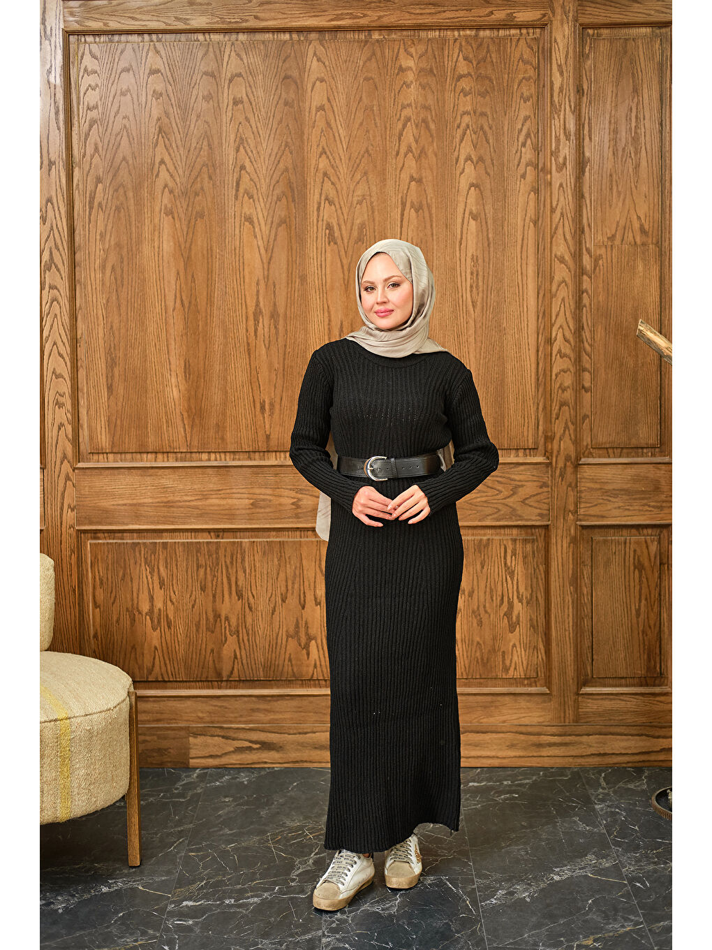 Kadın Bisiklet Yaka Triko Elbise Siyah-1