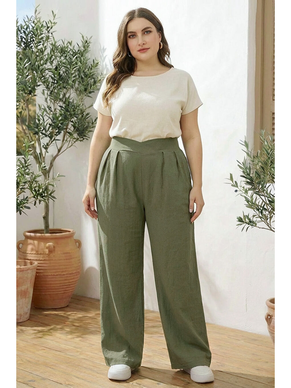 Haki Büyük Beden Pileli Cepli Geniş Paça Esnek Kumaşlı Pantolon 875-V