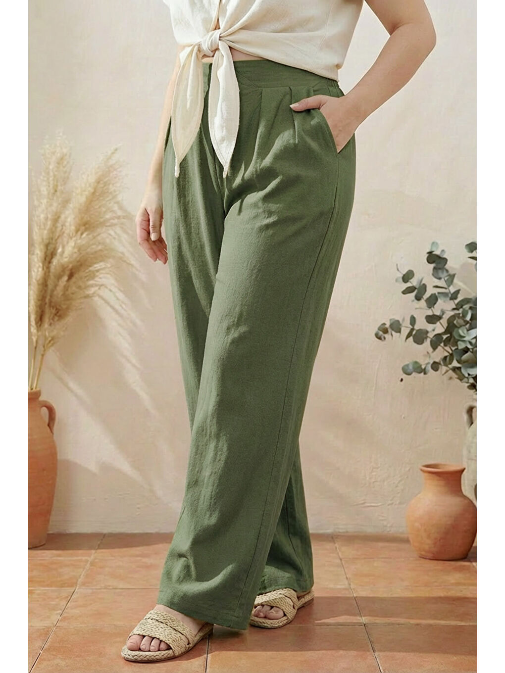 Haki Büyük Beden Pileli Cepli Geniş Paça Esnek Kumaşlı Pantolon 875-V-1