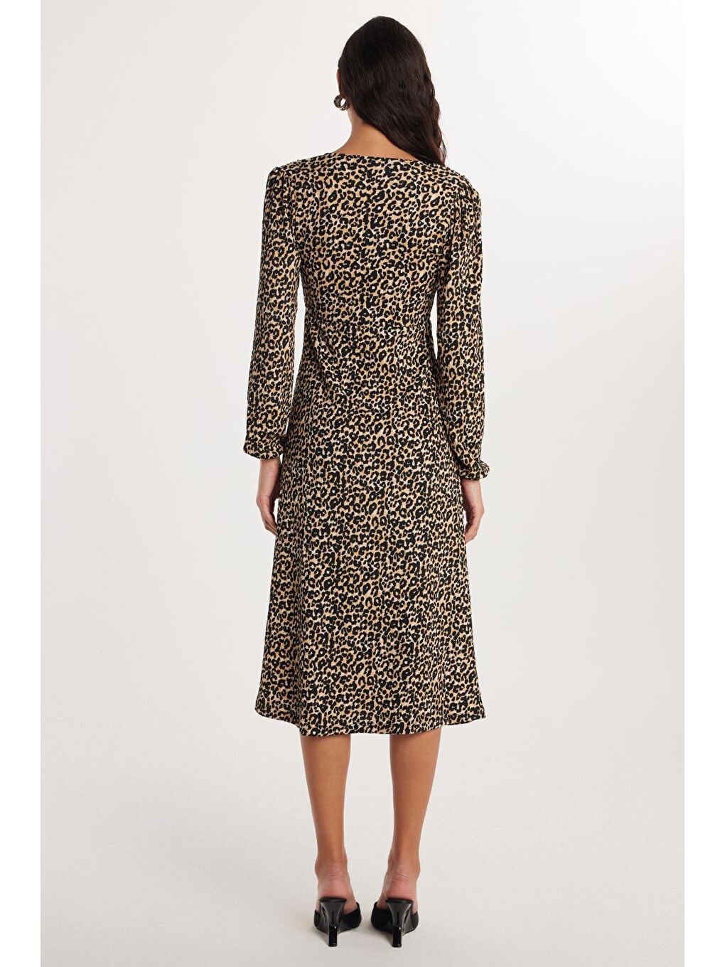 Karışık Kadın Regular Fit Uzun Kollu Leopar Desenli V Yaka Elbise-4