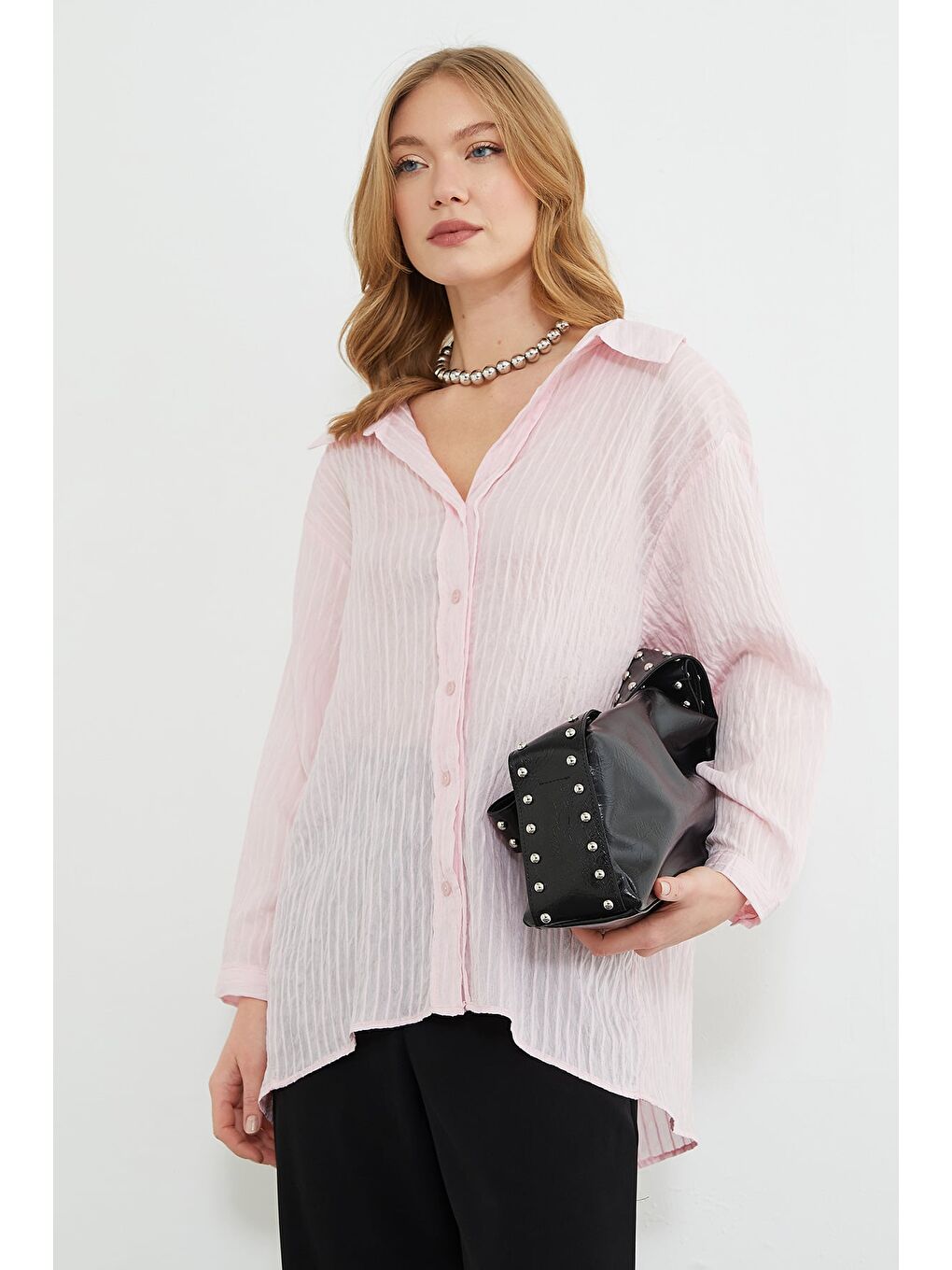 Pembe Çizgili Jakarlı Salaş Gömlek-2