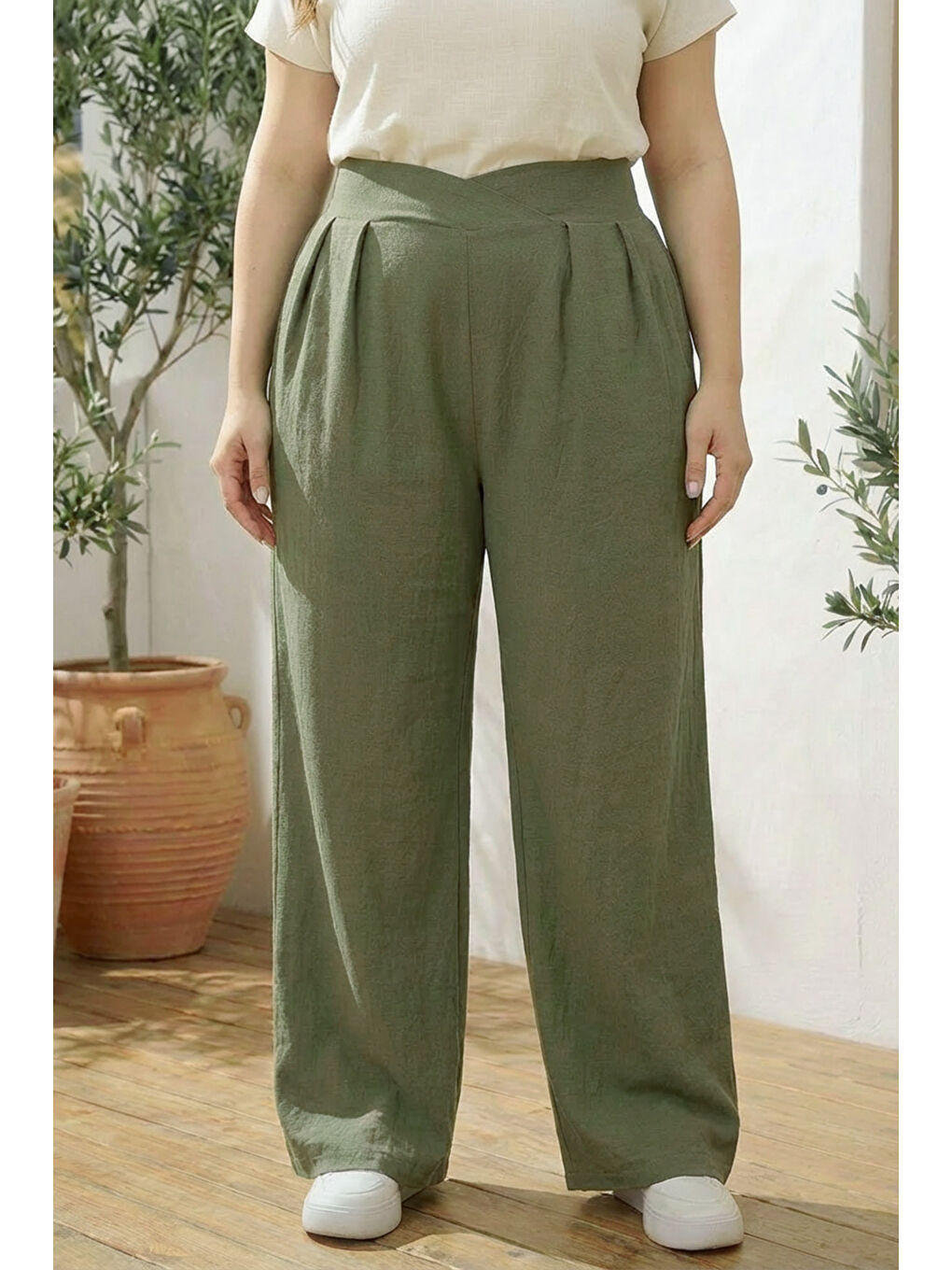 Haki Büyük Beden Pileli Cepli Geniş Paça Esnek Kumaşlı Pantolon 875-V-2