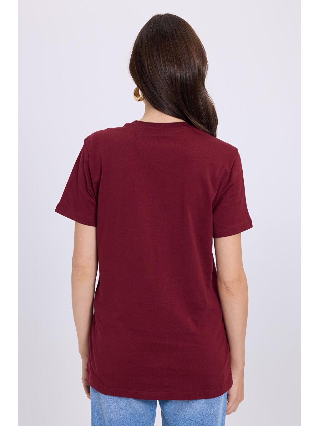 Kadın Slim Fit Dar Kesim Pamuklu Yumuşak Doku Elastanlı Esnek Kumaş Basic Bordo Bisiklet Yaka Tişört-6