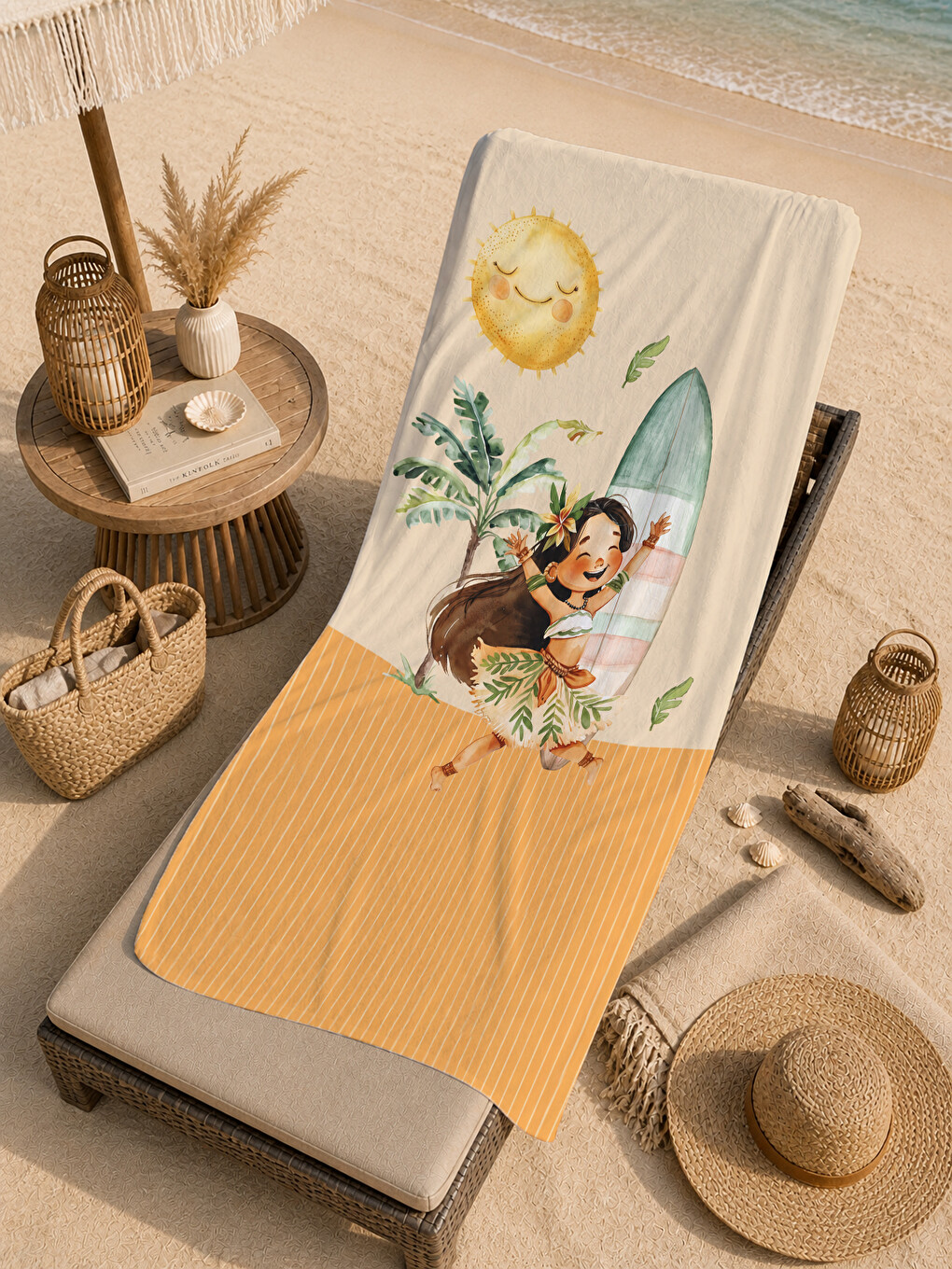 Mavi Retro Tropikal Sörfçü Kız Palmiye Sahil Desenli 70x150 Plaj Havlusu - Dijital Baskılı Banyo Havlusu-3