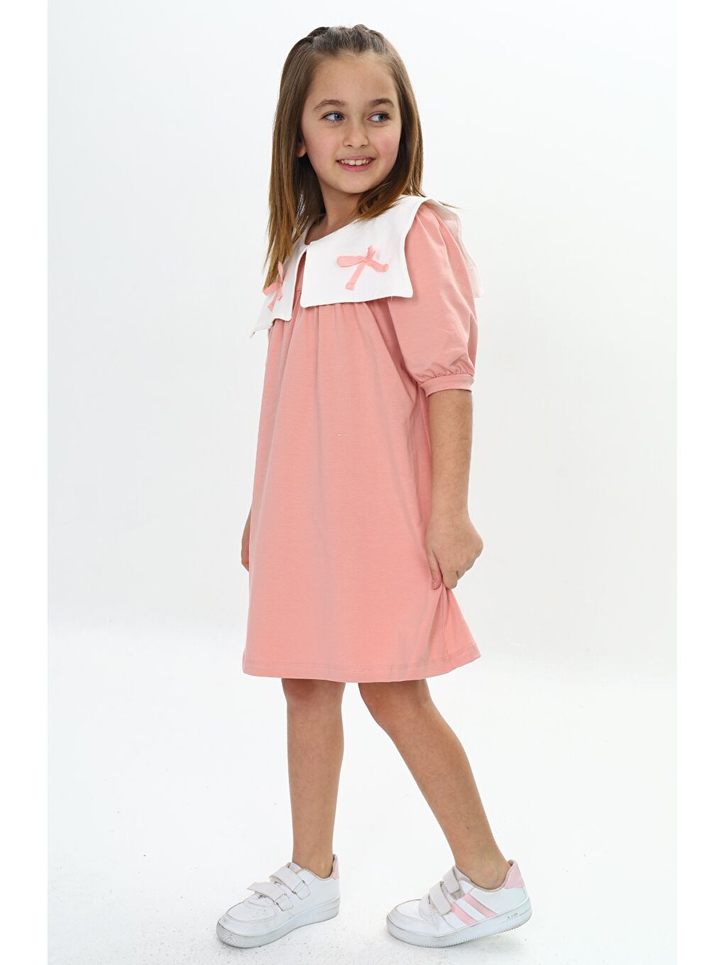 Pembe Kız Çocuk Yaka Detaylı Elbise-3