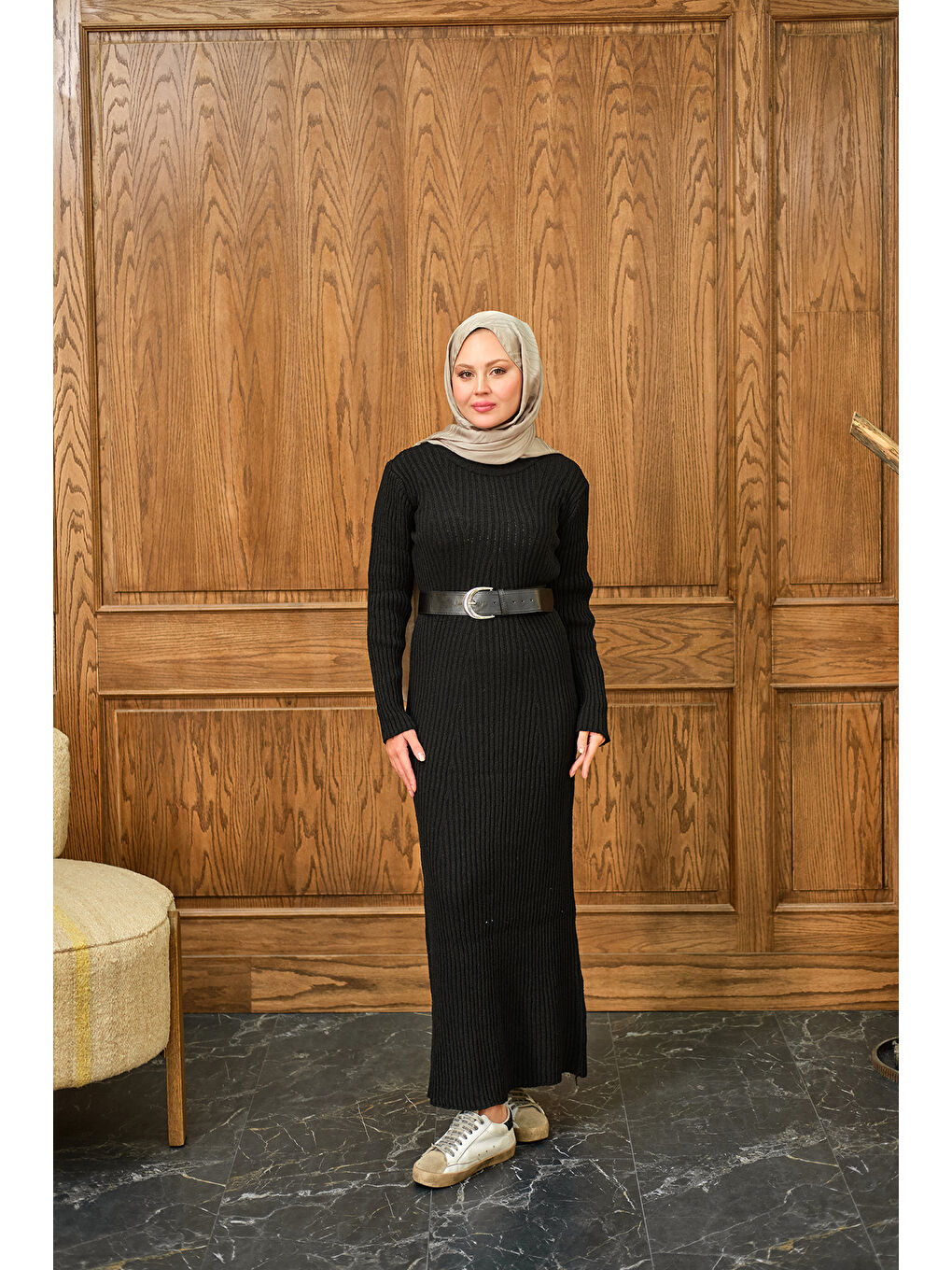 Kadın Bisiklet Yaka Triko Elbise Siyah-2