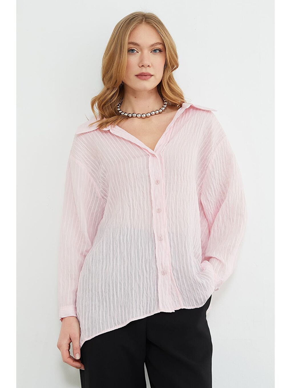 Pembe Çizgili Jakarlı Salaş Gömlek-3