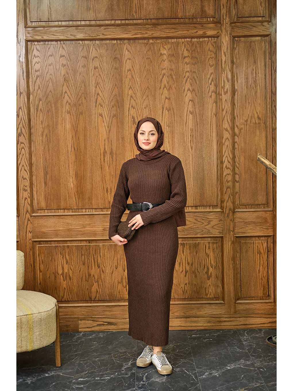 Kadın Bisiklet Yaka Triko Elbise Kahverengi-2