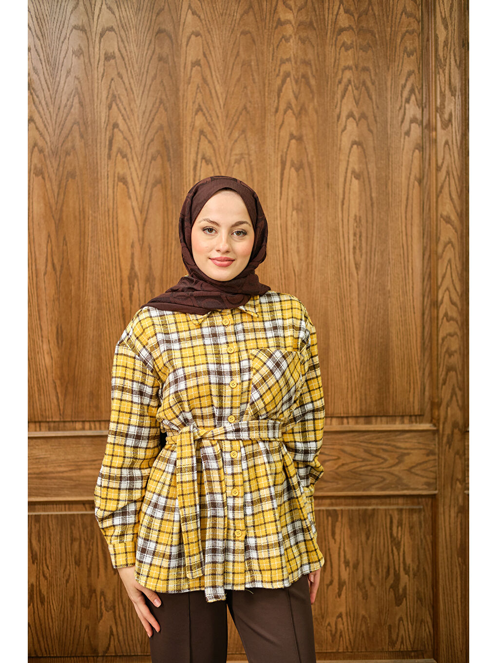 Kadın Ekose Desen Gömlek Sarı
