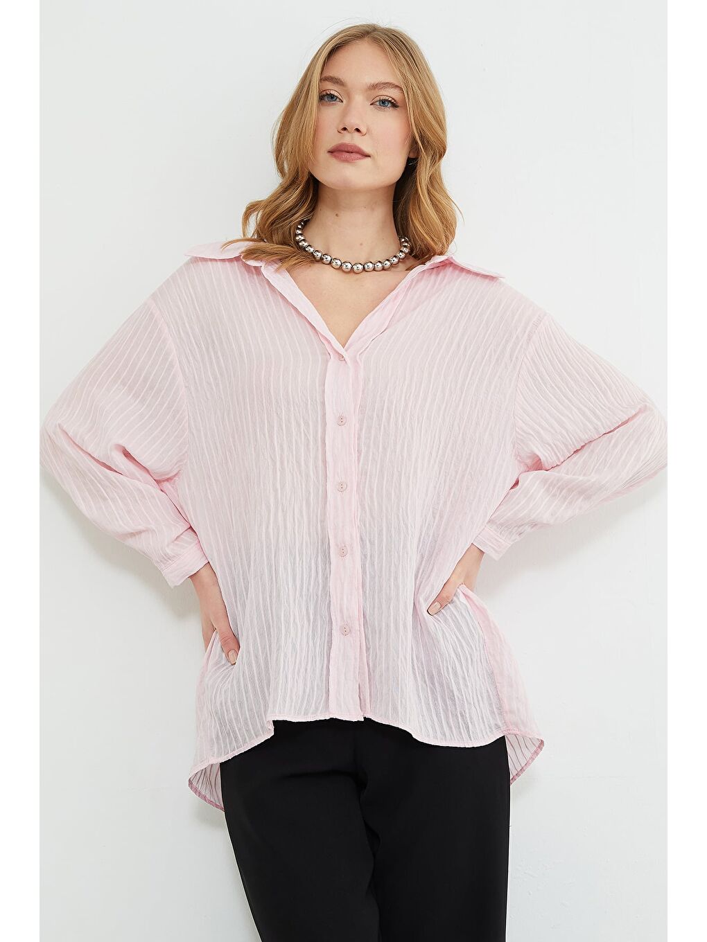 Pembe Çizgili Jakarlı Salaş Gömlek-4