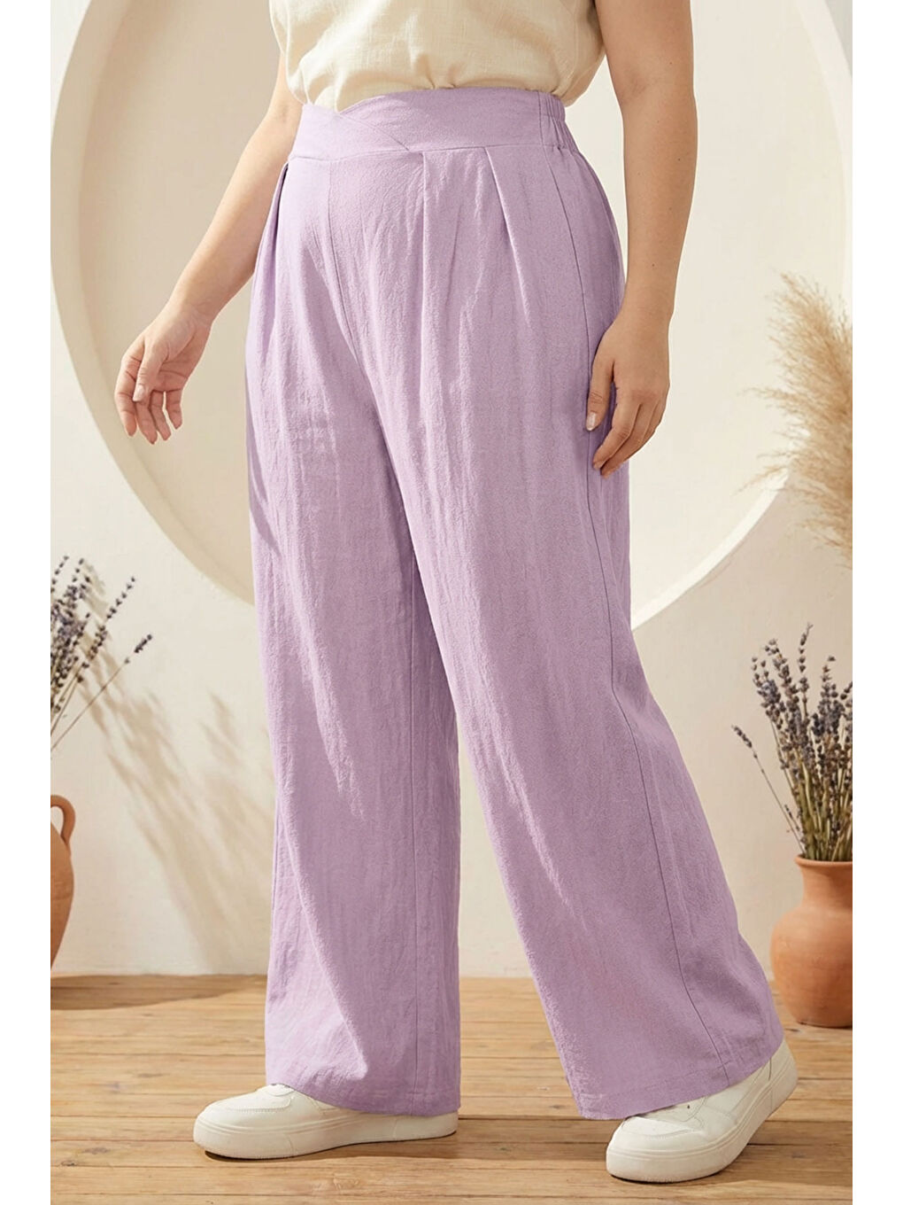 Lila Büyük Beden Pileli Cepli Geniş Paça Esnek Kumaşlı Pantolon 875-V-1