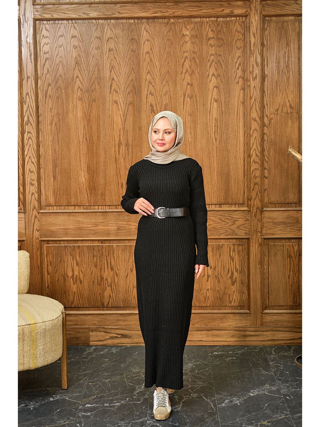 Kadın Bisiklet Yaka Triko Elbise Siyah-3