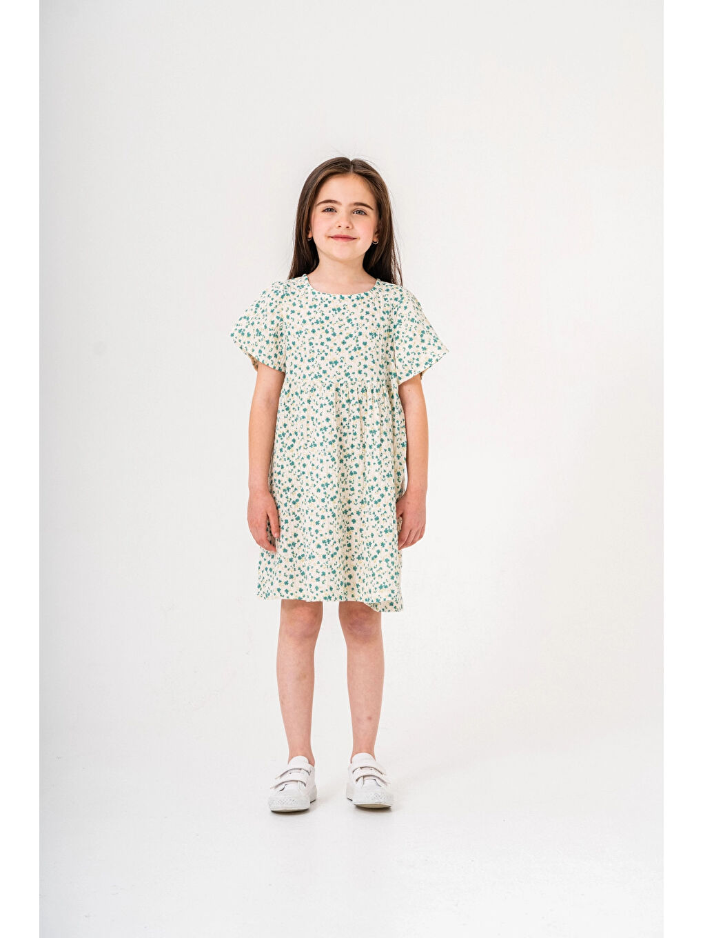 Yeşil Çiçek Desnli Kız Çocuk Müslin Elbise 3802-1