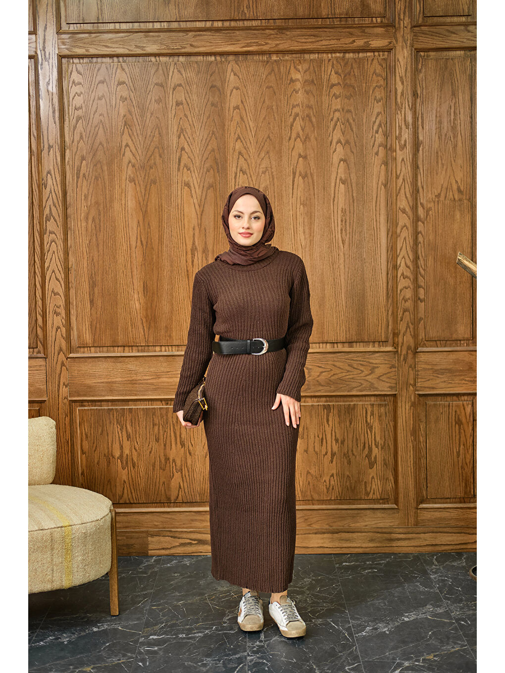 Kadın Bisiklet Yaka Triko Elbise Kahverengi-3