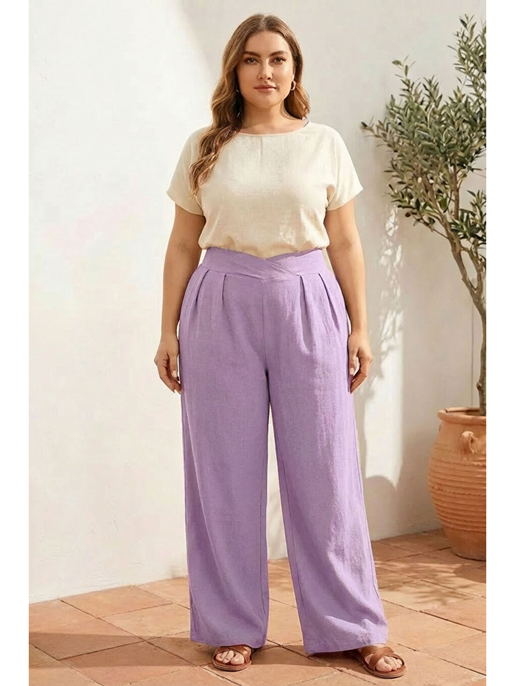 Lila Büyük Beden Pileli Cepli Geniş Paça Esnek Kumaşlı Pantolon 875-V-3