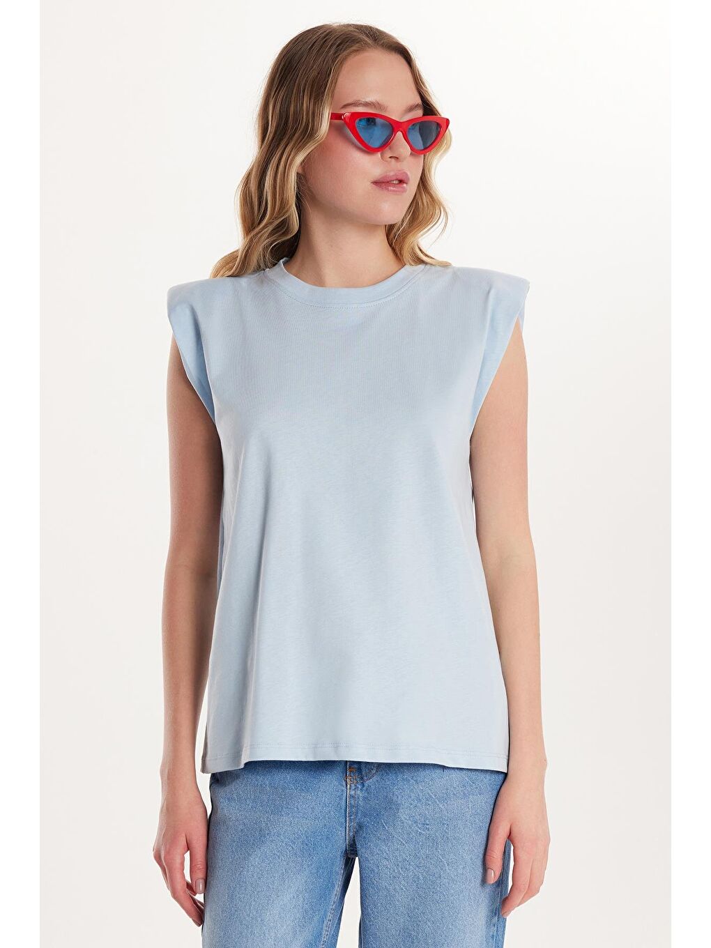 Kadın Relax Fit Rahat Kesim Sıfır Kol Bisiklet Yaka Mavi Tişört