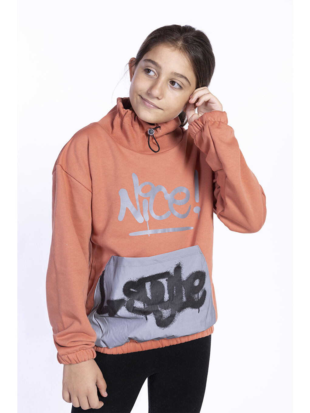 Toontoykids Kiremit Kız Çocuk Bol Yaka Reklektörlü Kanguru Cepli Sweatshirt