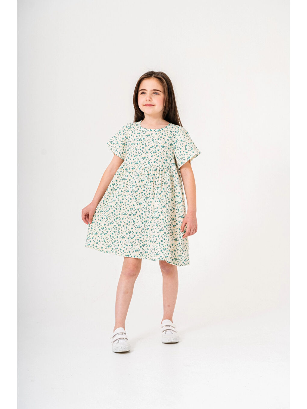 Yeşil Çiçek Desnli Kız Çocuk Müslin Elbise 3802-3