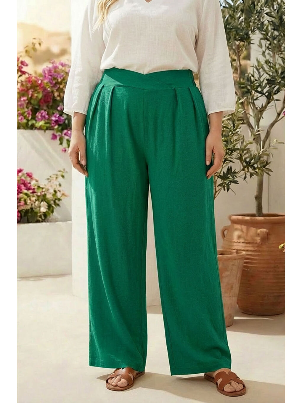 Yeşil Büyük Beden Pileli Cepli Geniş Paça Esnek Kumaşlı Pantolon 875-V-2