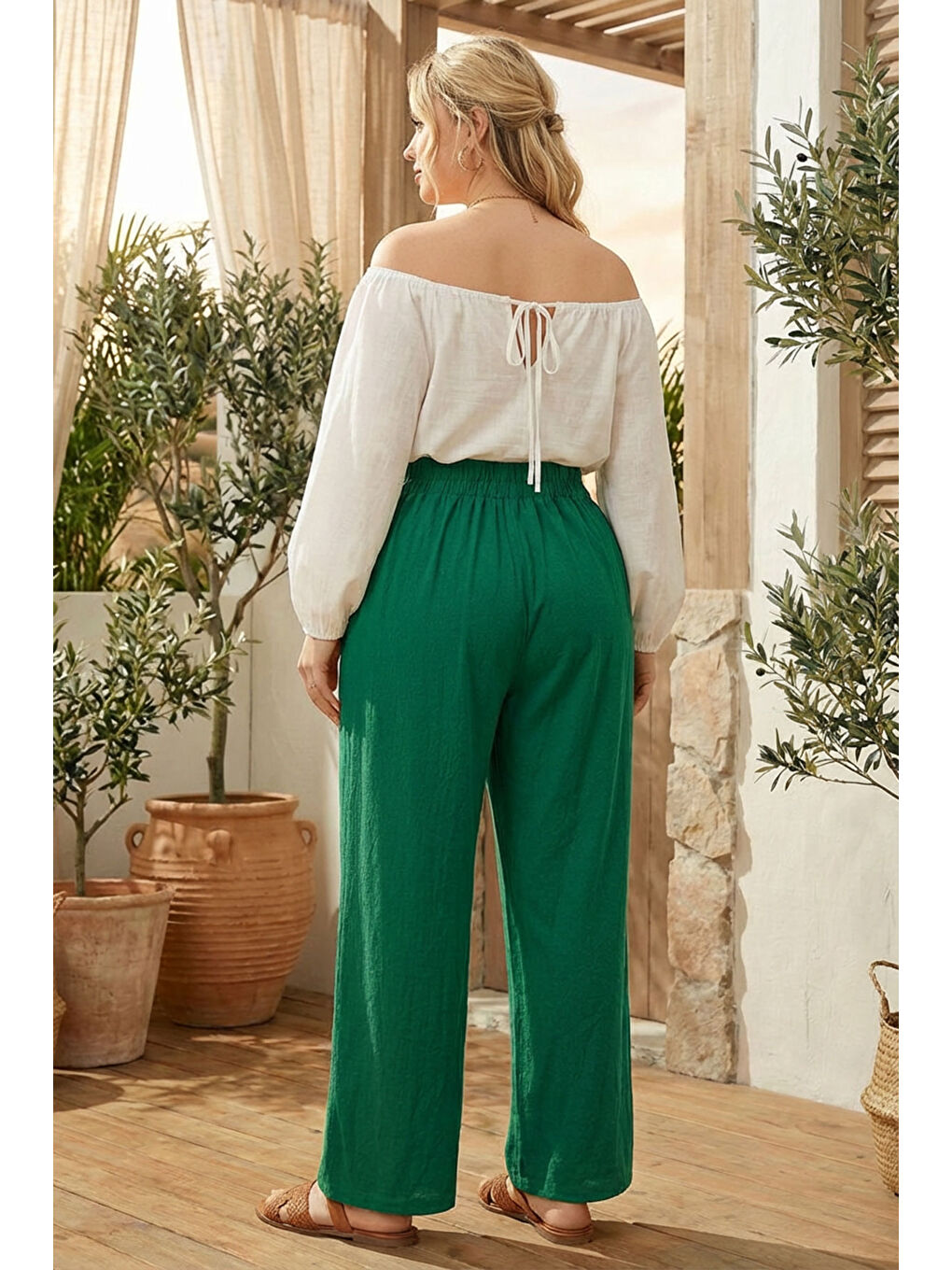 Yeşil Büyük Beden Pileli Cepli Geniş Paça Esnek Kumaşlı Pantolon 875-V-3