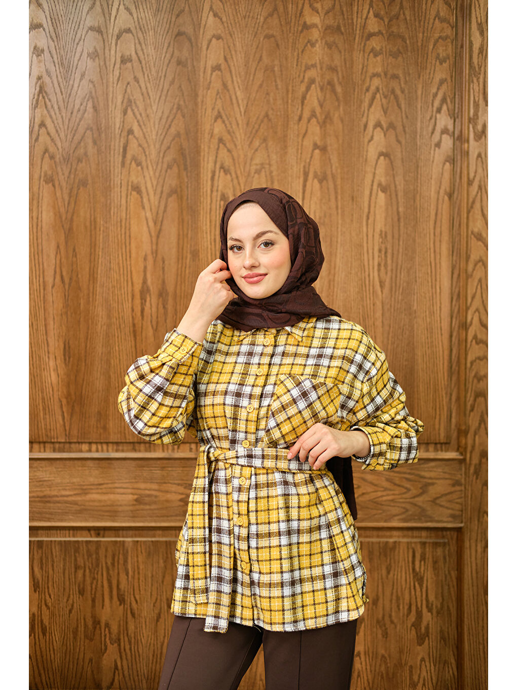 Kadın Ekose Desen Gömlek Sarı-1