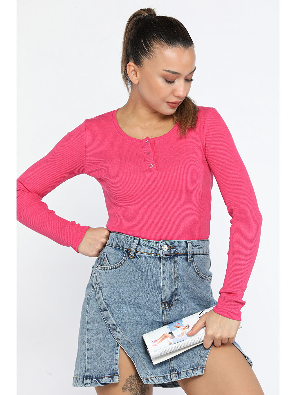 GÜLSELİ Fuşya Kaşkorse Elastanlı Ön Çıtçıtlı Crop Top Bluz - 1