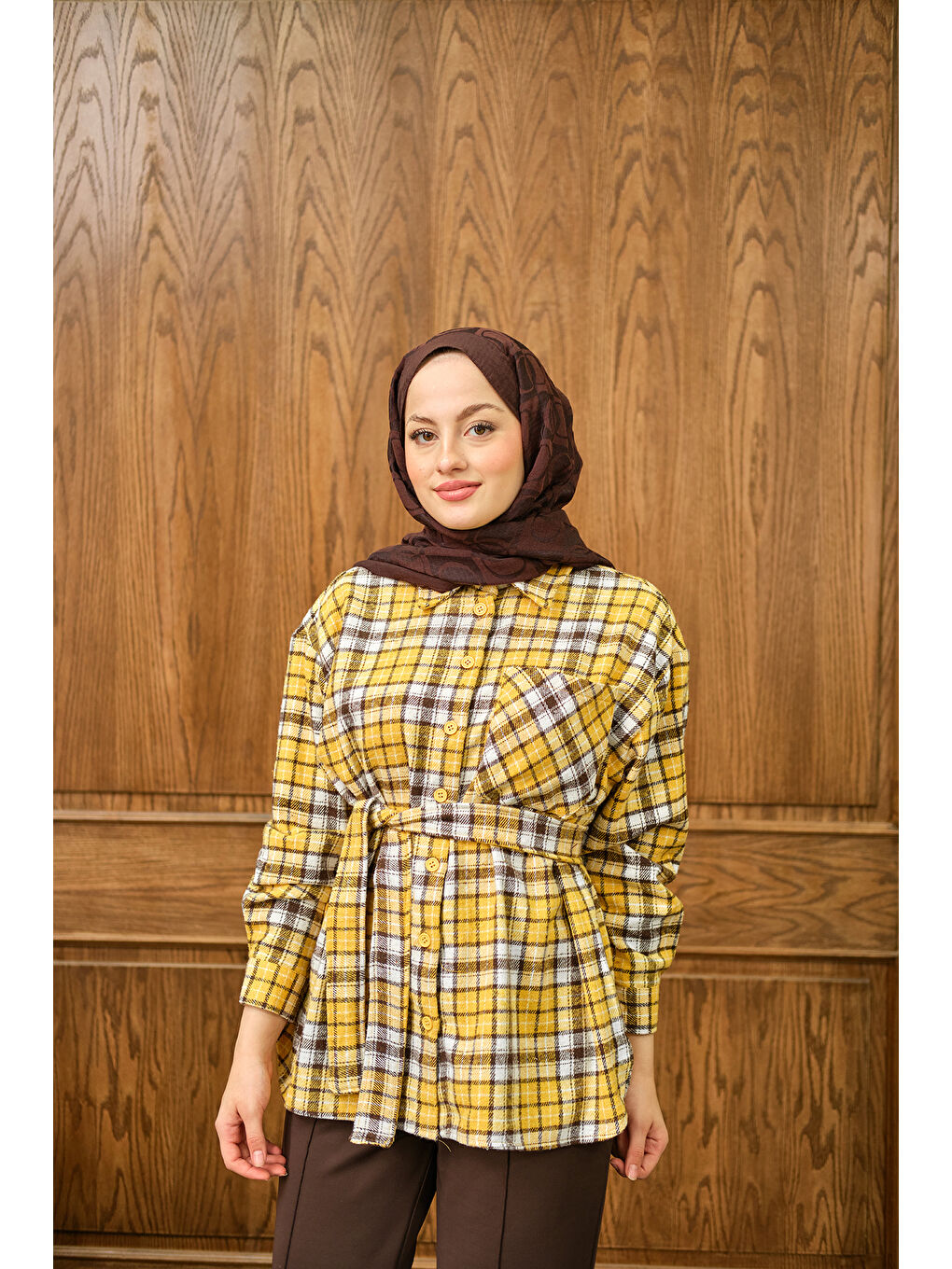 Kadın Ekose Desen Gömlek Sarı-2