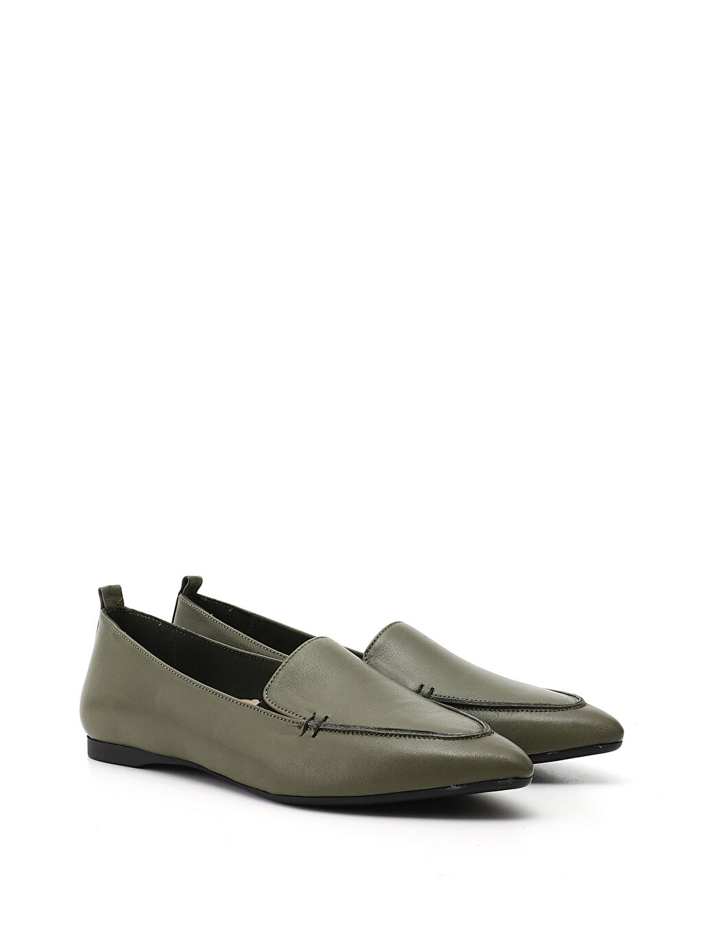 Kadın HAKİ-YEŞİL Sivri Burun Düz Taban Hakiki Deri Babet-1