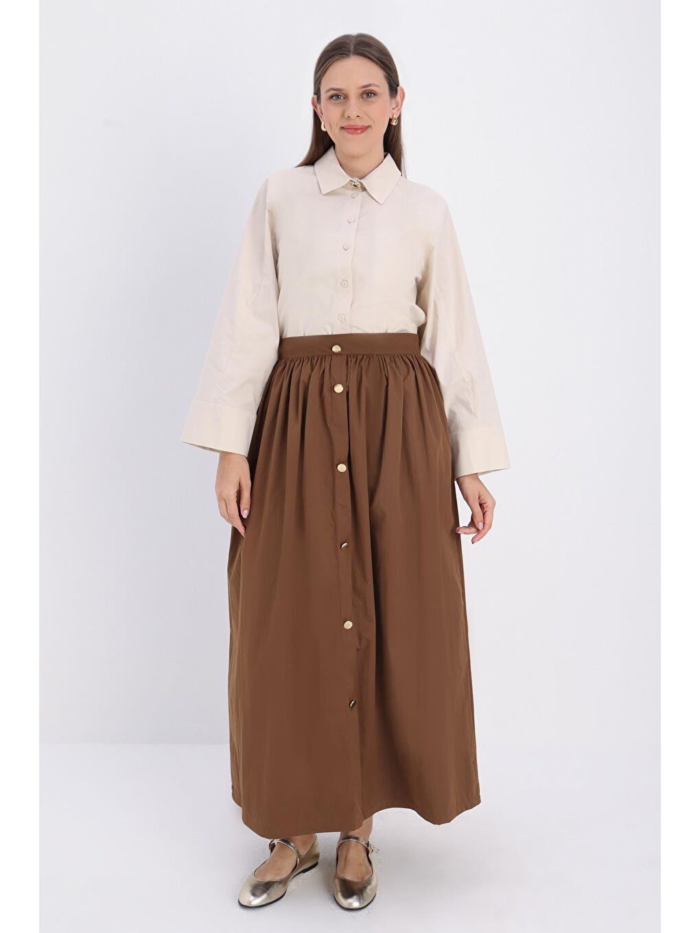 Kahverengi Taba-Düğme Detaylı Kraşlı Etek-1