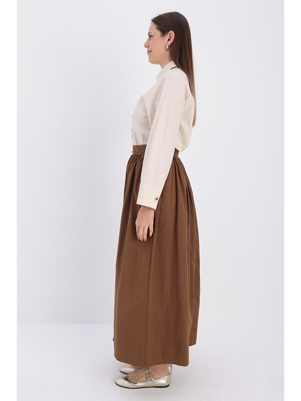 Kahverengi Taba-Düğme Detaylı Kraşlı Etek-2