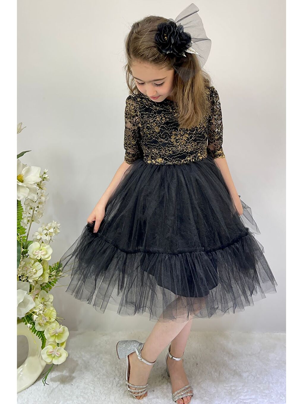 Siyah Kordone Dantel Sırt Fermuarlı Kız Çocuk Tütülü Abiye-1