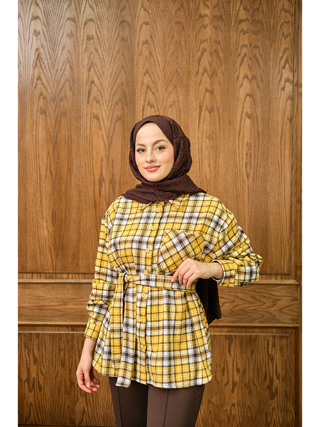 Kadın Ekose Desen Gömlek Sarı-3