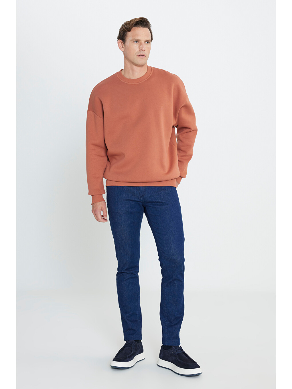 Kahverengi Erkek Açık Kahve Oversize Fit Bol Kesim Pamuklu İçi Polarlı Bisiklet Yaka Sweatshirt-1