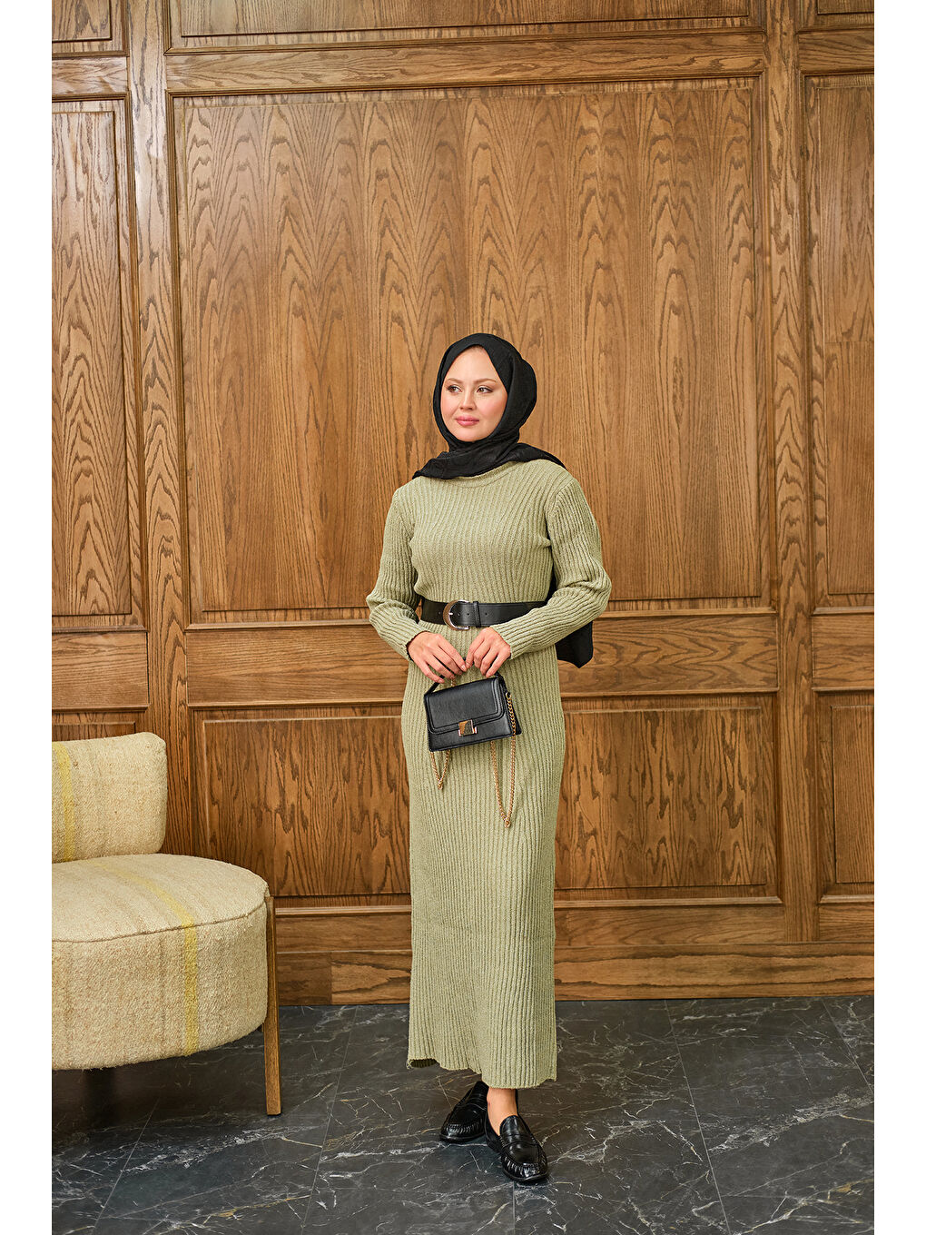 Kadın Bisiklet Yaka Triko Elbise Küf Yeşil-1