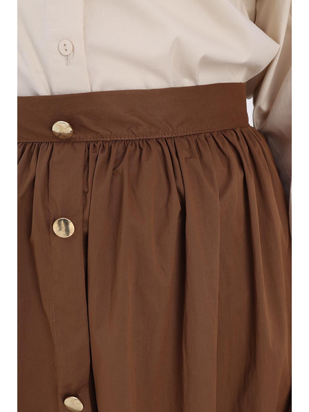 Kahverengi Taba-Düğme Detaylı Kraşlı Etek-4