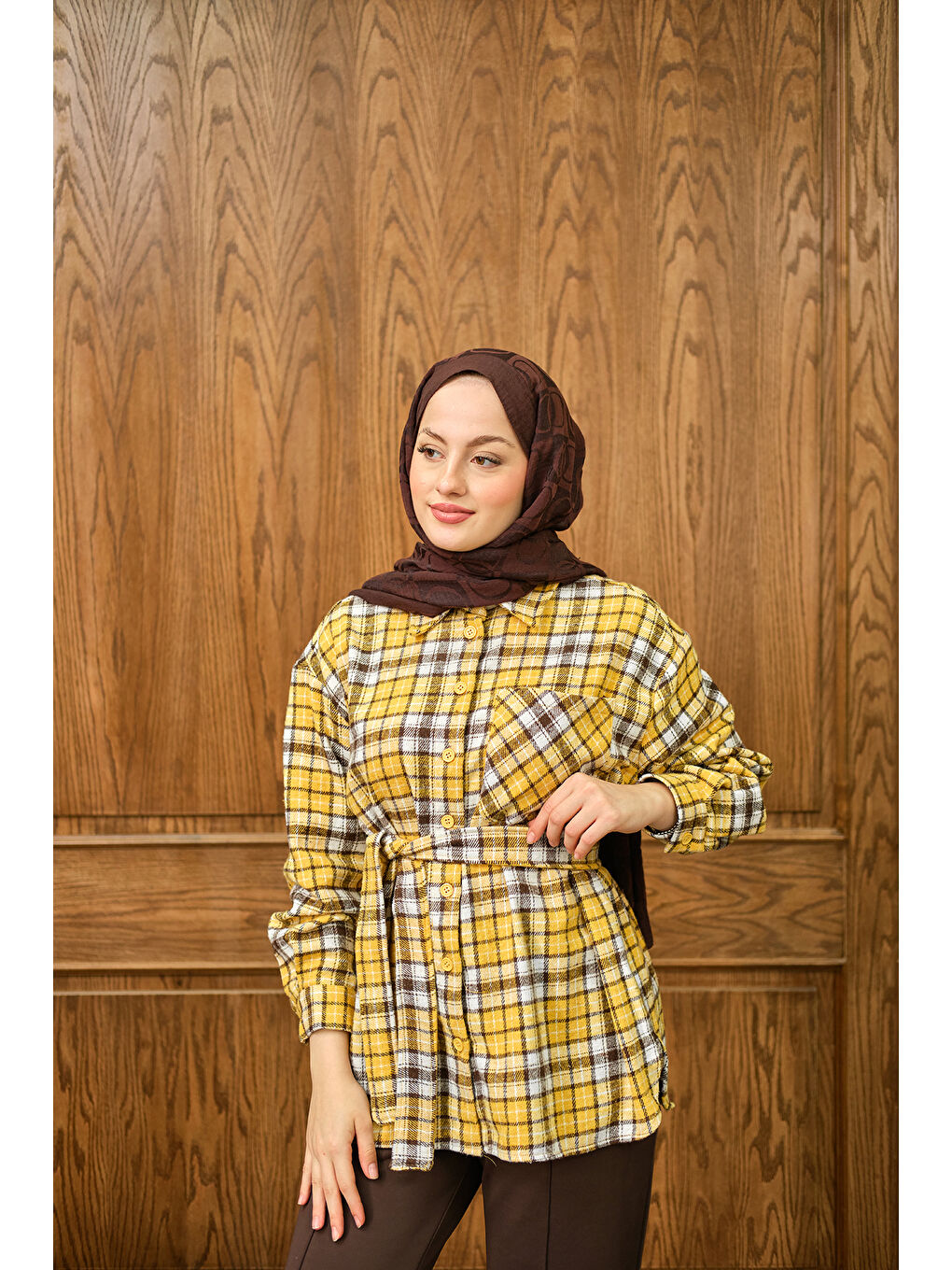 Kadın Ekose Desen Gömlek Sarı-4