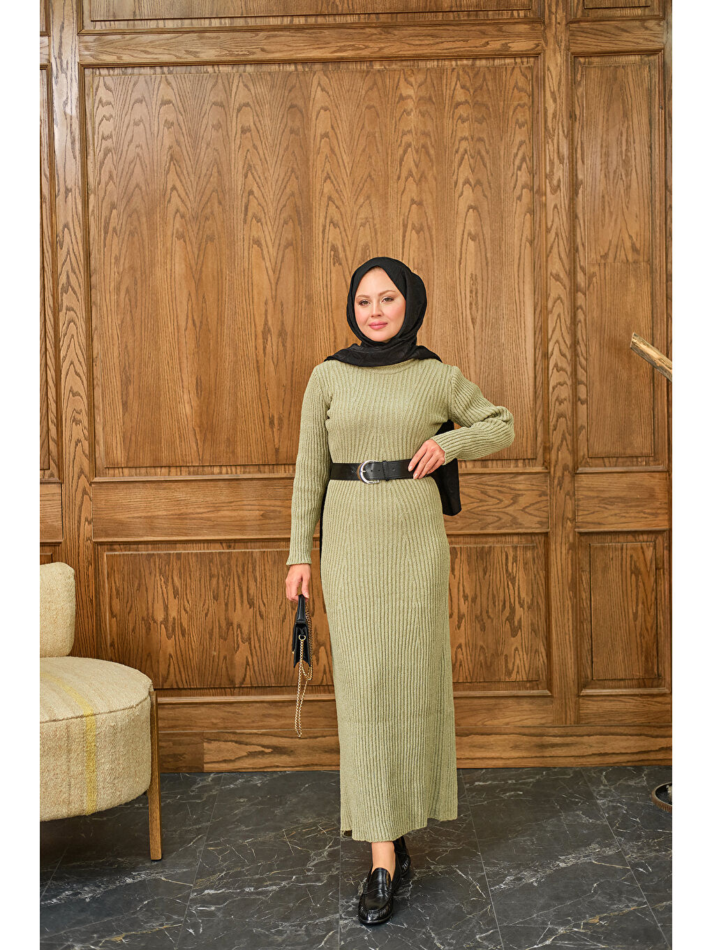 Kadın Bisiklet Yaka Triko Elbise Küf Yeşil-2