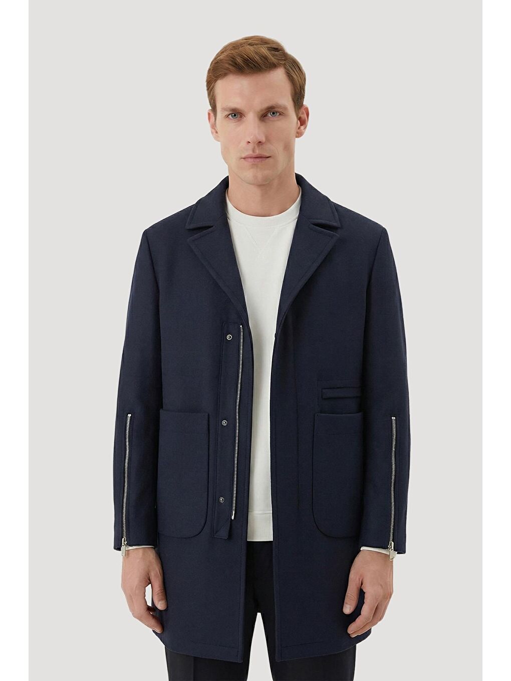 Lacivert Comfort Fit Kapüşonlu Fermuarlı Erkek Kaşe Kaban-2