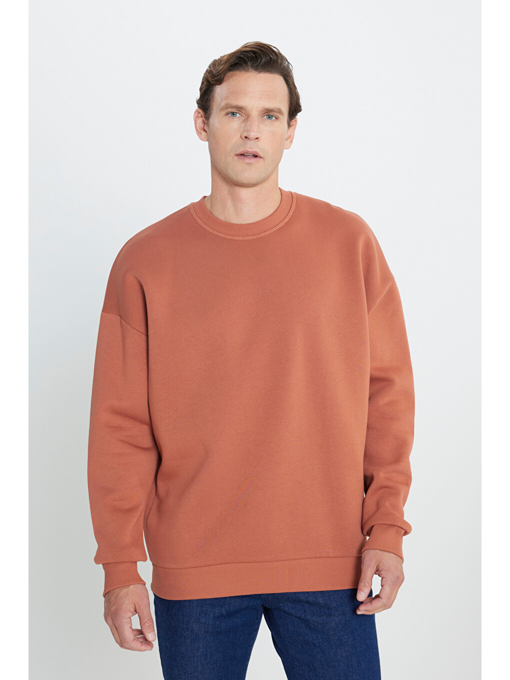 Kahverengi Erkek Açık Kahve Oversize Fit Bol Kesim Pamuklu İçi Polarlı Bisiklet Yaka Sweatshirt-2