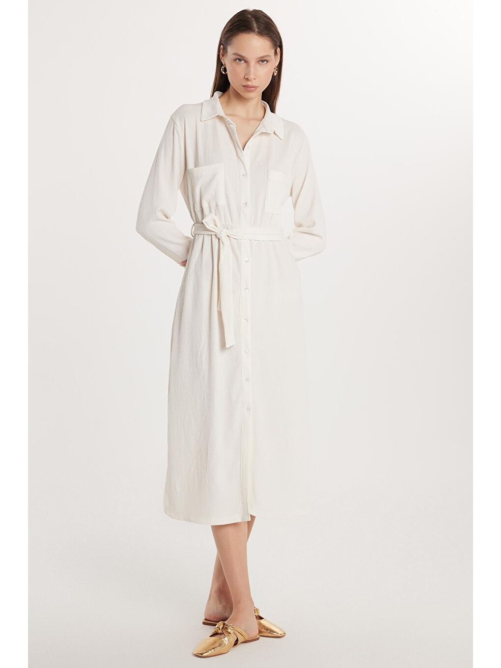 Kadın Regular Fit Uzun Kollu Bağlamalı Klasik Yaka Cepli Uzun Ekru Elbise