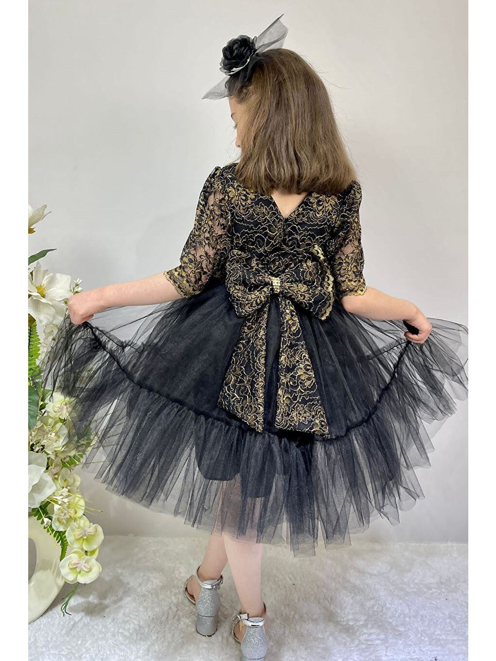 Siyah Kordone Dantel Sırt Fermuarlı Kız Çocuk Tütülü Abiye-2