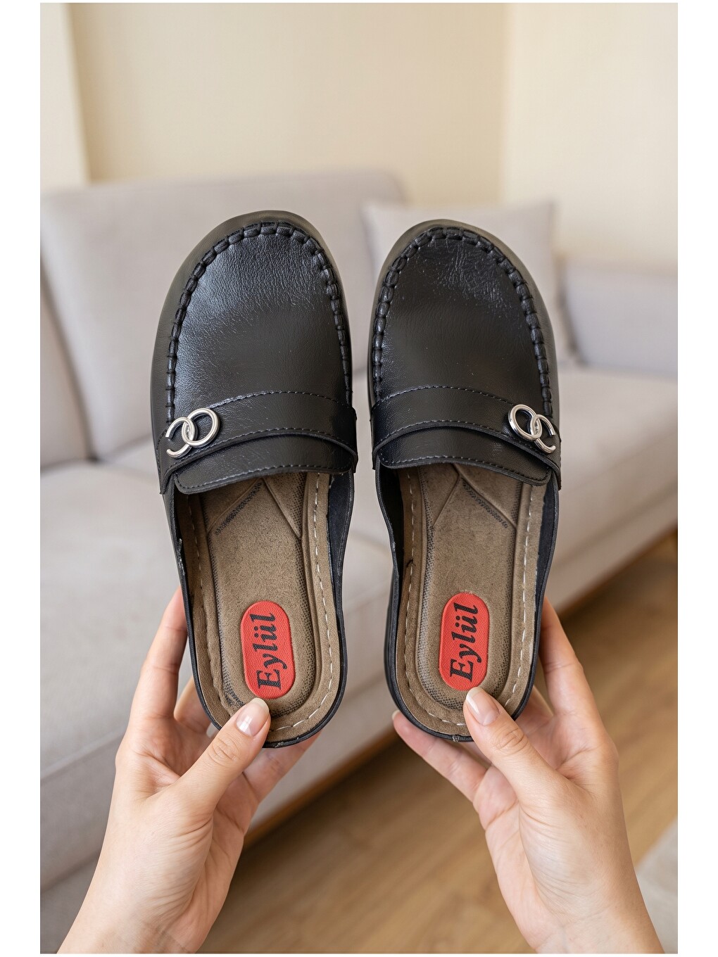 Siyah Kadın, Süet Görünümlü, Metal Tokalı, Günlük, Casual, Konfor Terlik-2